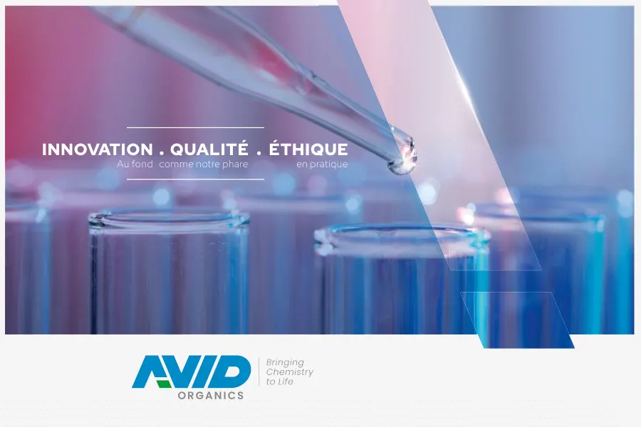 The cover of the Avid Organics corporate brochure in French: Innovation, Qualité, Éthique