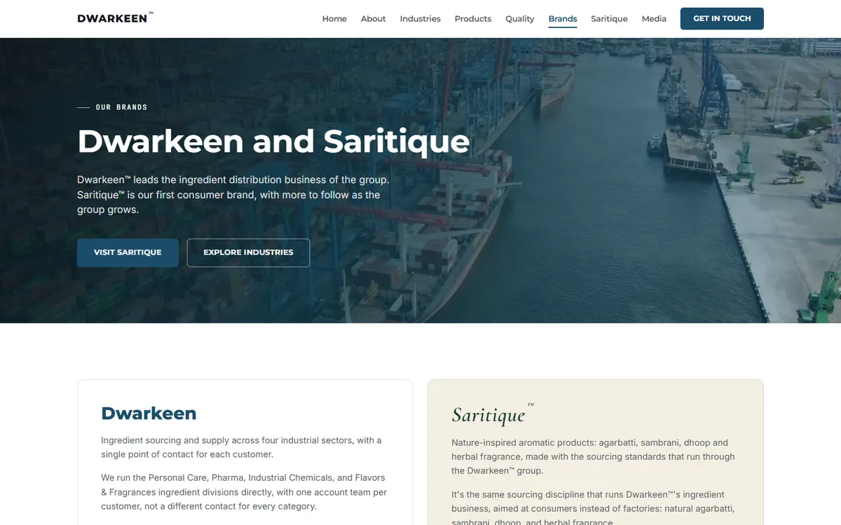 The Dwarkeen brands page showing Dwarkeen and Saritique side by side