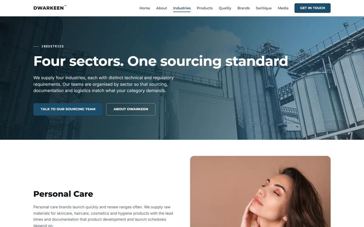 The Dwarkeen industries page: Four sectors, one sourcing standard