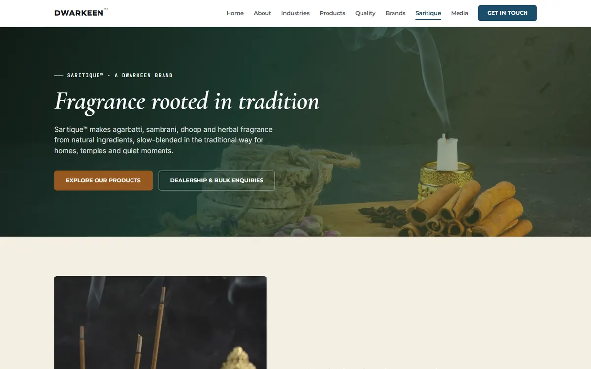 The Saritique page in green and cream: Fragrance rooted in tradition