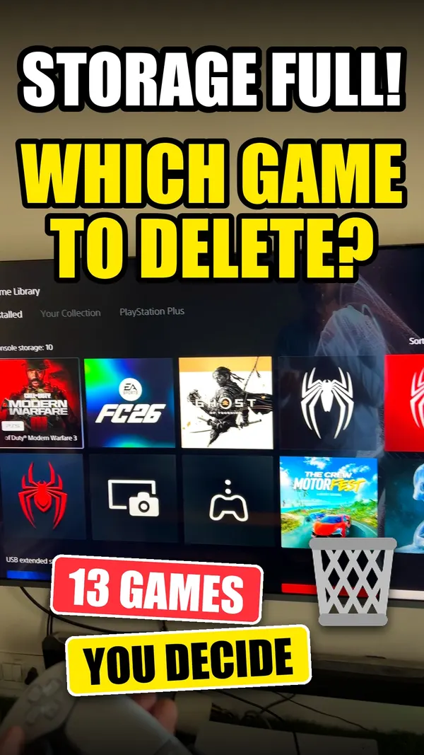 A vertical cover reading Storage full, which game to delete, 13 games, you decide