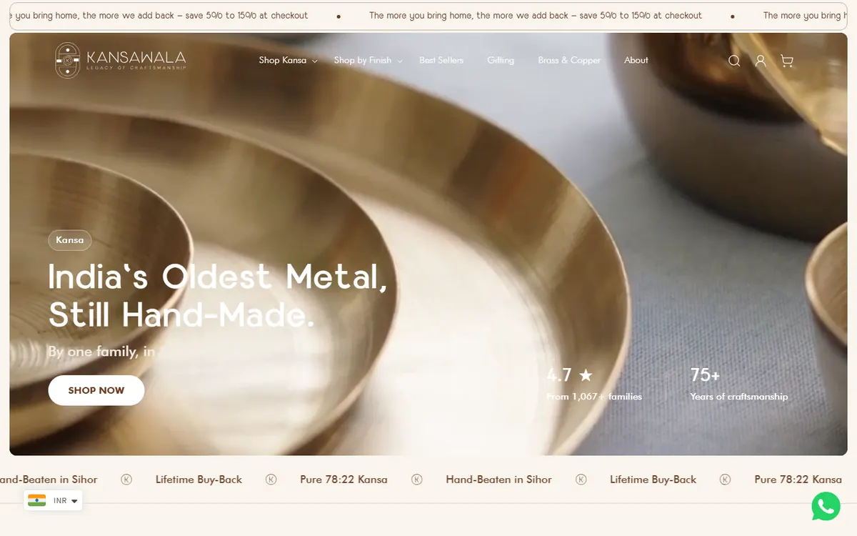 The Kansawala's online shop home page showing bronze and brass kitchenware