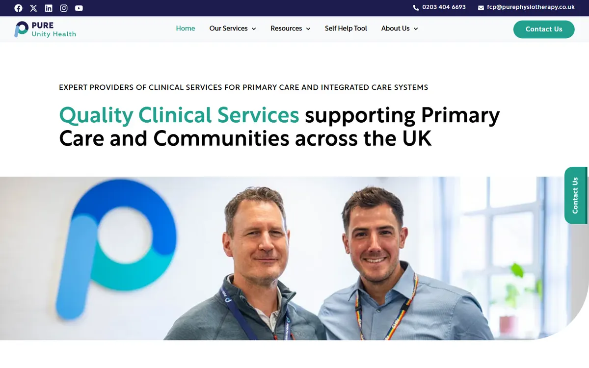 The Pure Unity Health home page: clinical services supporting primary care